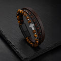 Cross Stone - Lederarmband für Herren mit Natursteinperlen und Edelstahl-Kreuz gravierbar | Edelstahl Magnetverschluss