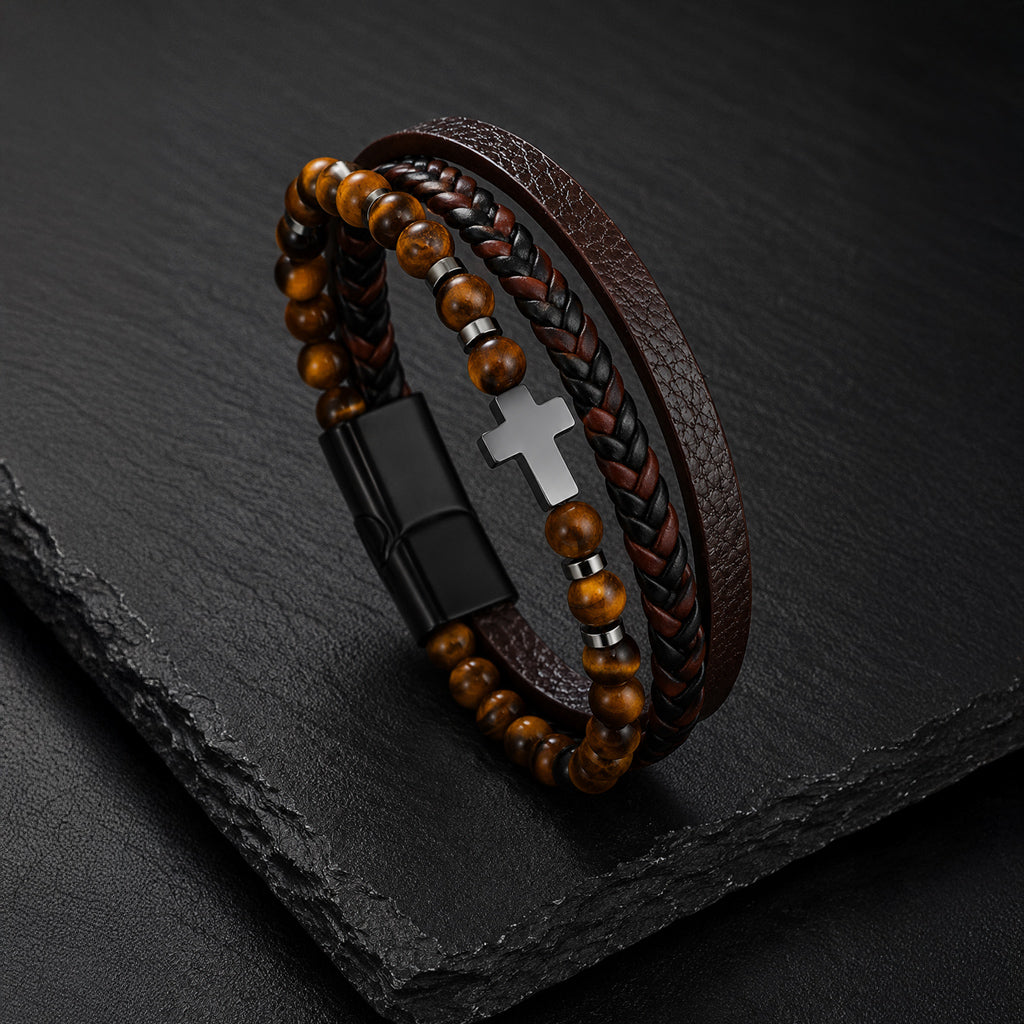Cross Stone - Lederarmband für Herren mit Natursteinperlen und Edelstahl-Kreuz gravierbar | Edelstahl Magnetverschluss