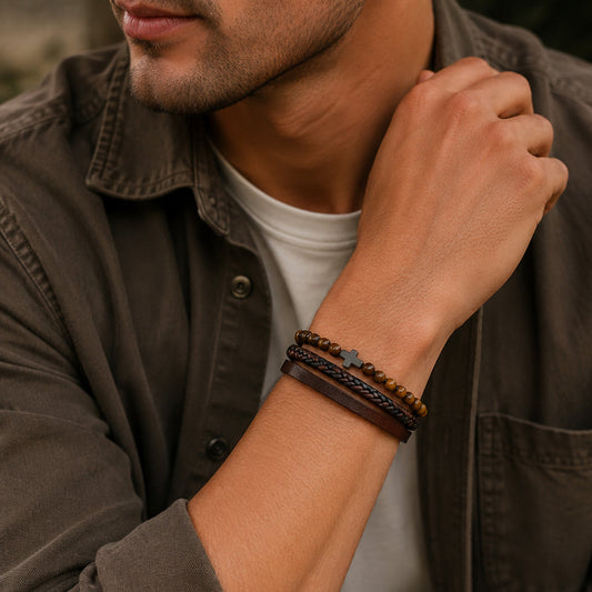 Cross Stone - Lederarmband für Herren mit Natursteinperlen und Edelstahl-Kreuz gravierbar | Edelstahl Magnetverschluss