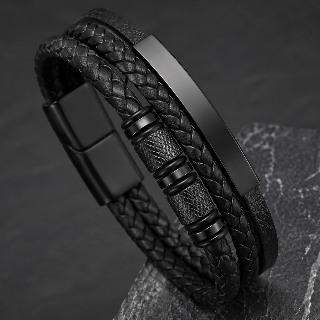 Steel Spin - Lederarmband mit Gravurplatte für Herren schwarz | Edelstahl Magnetverschluss