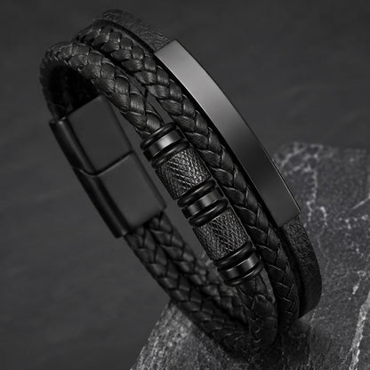 Steel Spin - Lederarmband mit Gravurplatte für Herren schwarz | Edelstahl Magnetverschluss