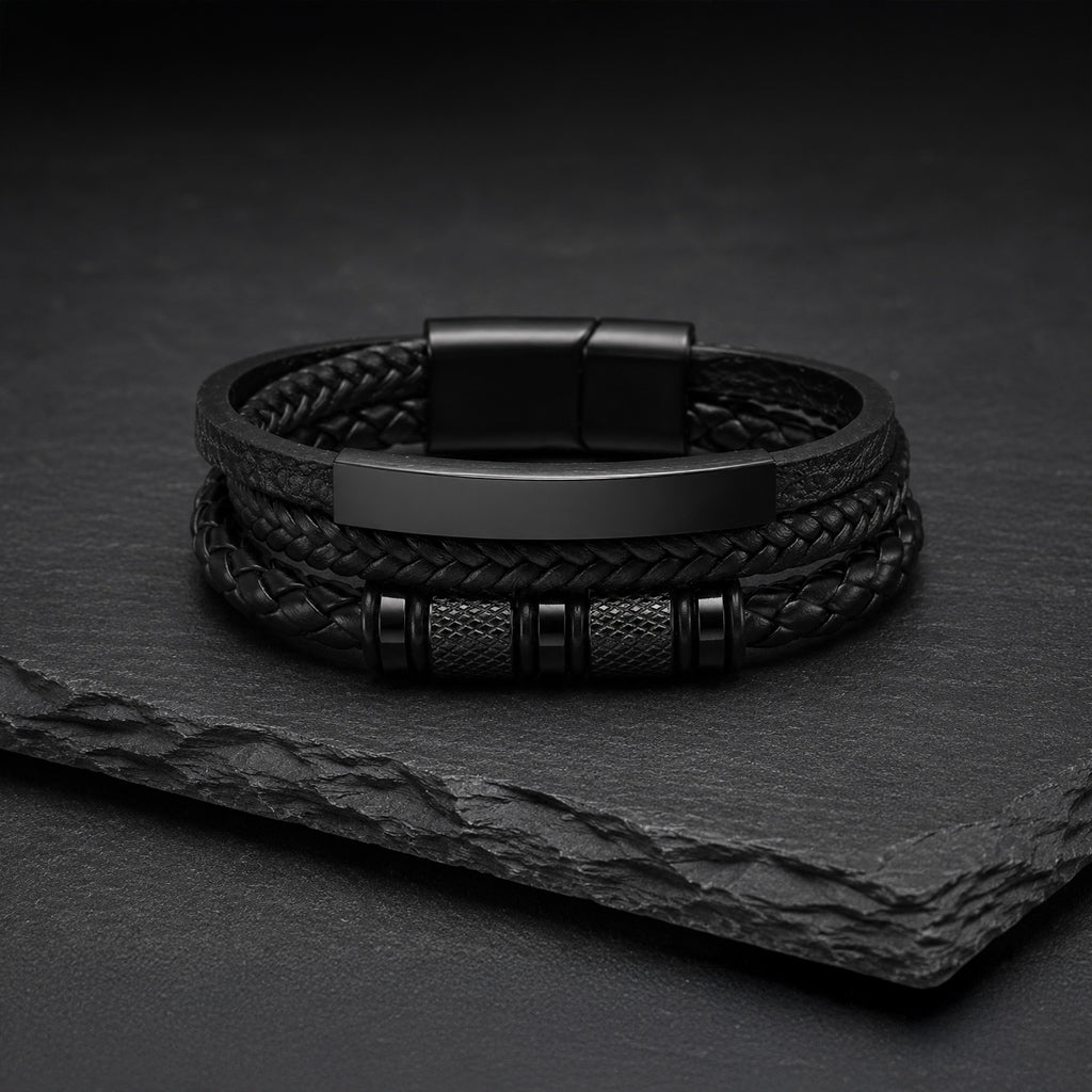 Steel Spin - Lederarmband mit Gravurplatte für Herren schwarz | Edelstahl Magnetverschluss