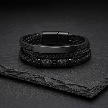 Steel Spin - Lederarmband mit Gravurplatte für Herren schwarz | Edelstahl Magnetverschluss