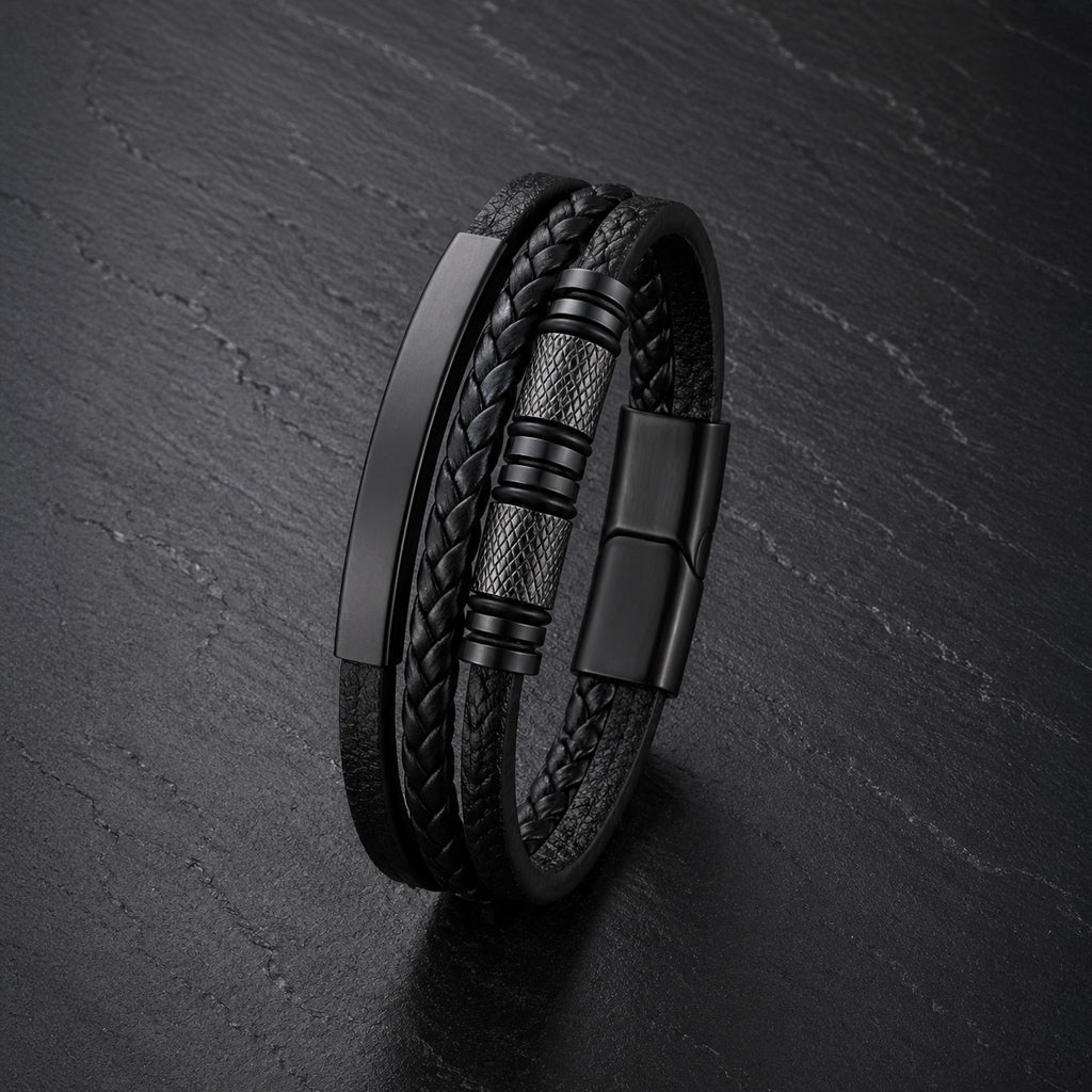 Steel Spin - Lederarmband mit Gravurplatte für Herren schwarz | Edelstahl Magnetverschluss