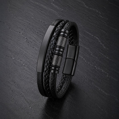 Steel Spin - Lederarmband mit Gravurplatte für Herren schwarz | Edelstahl Magnetverschluss