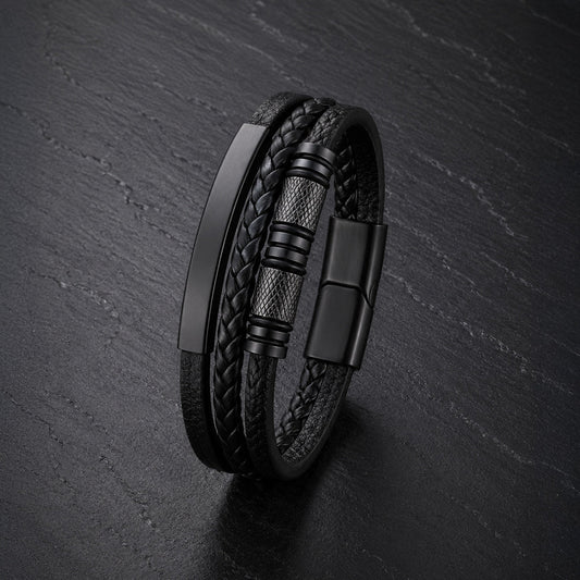 Steel Spin - Lederarmband mit Gravurplatte für Herren schwarz | Edelstahl Magnetverschluss