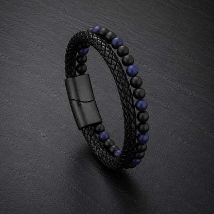 Stone Braid - Lederarmband für Herren gravierbar mit Naturstein-Perlen in 5 Farben | Edelstahl Magnetverschluss