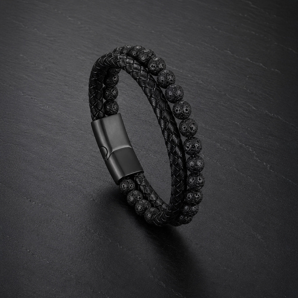 Stone Braid - Lederarmband für Herren gravierbar mit Naturstein-Perlen in 5 Farben | Edelstahl Magnetverschluss