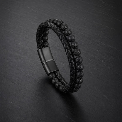Stone Braid - Lederarmband für Herren gravierbar mit Naturstein-Perlen in 5 Farben | Edelstahl Magnetverschluss