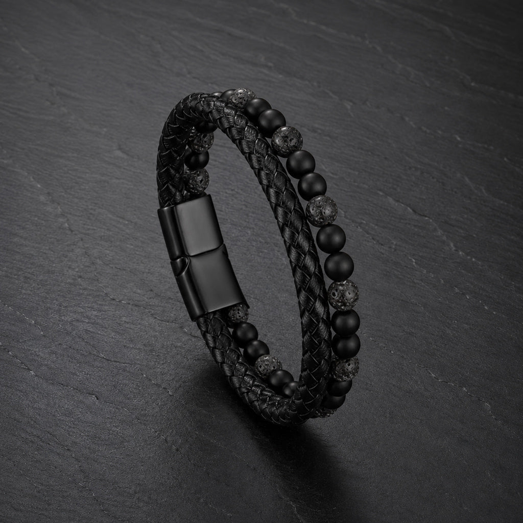 Stone Braid - Lederarmband für Herren gravierbar mit Naturstein-Perlen in 5 Farben | Edelstahl Magnetverschluss