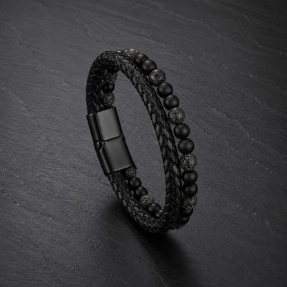 Stone Braid - Lederarmband für Herren gravierbar mit Naturstein-Perlen in 5 Farben | Edelstahl Magnetverschluss