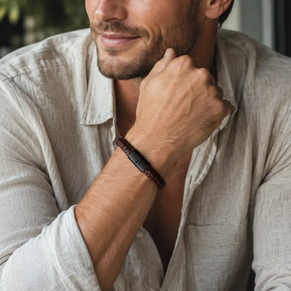 Braid Lock Brown - Geflochtenes Lederarmband Herren gravierbar | Braun