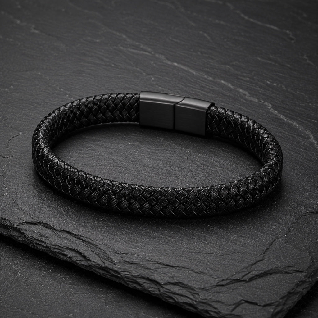 Braid Lock Black - Geflochtenes Lederarmband für Herren in schwarz gravierbar | Edelstahl Magnetverschluss