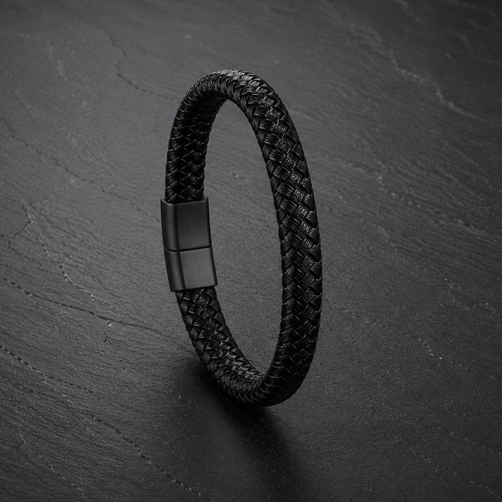 Braid Lock Black - Geflochtenes Lederarmband für Herren in schwarz gravierbar | Edelstahl Magnetverschluss