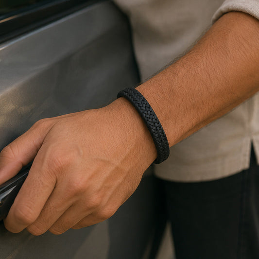 Braid Lock Black - Geflochtenes Lederarmband für Herren in schwarz gravierbar | Edelstahl Magnetverschluss