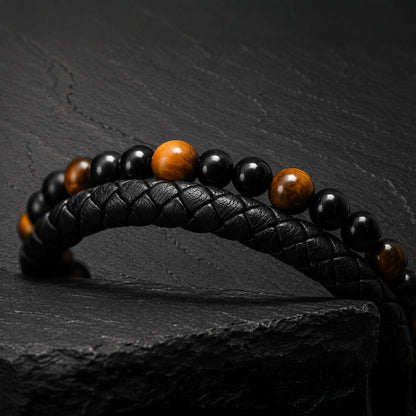 Stone Braid - Lederarmband für Herren gravierbar mit Naturstein-Perlen in 5 Farben | Edelstahl Magnetverschluss