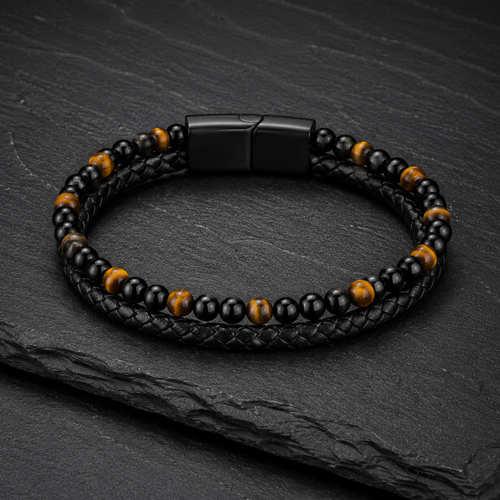 Stone Braid - Lederarmband für Herren gravierbar mit Naturstein-Perlen in 5 Farben | Edelstahl Magnetverschluss