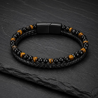 Stone Braid - Lederarmband für Herren gravierbar mit Naturstein-Perlen in 5 Farben | Edelstahl Magnetverschluss