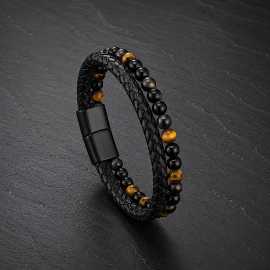 Stone Braid - Lederarmband für Herren gravierbar mit Naturstein-Perlen in 5 Farben | Edelstahl Magnetverschluss