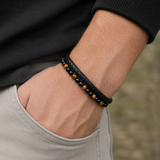 Stone Braid - Lederarmband für Herren gravierbar mit Naturstein-Perlen in 5 Farben | Edelstahl Magnetverschluss