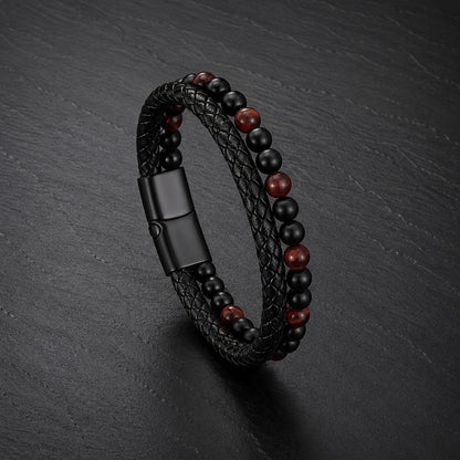 Stone Braid - Lederarmband für Herren gravierbar mit Naturstein-Perlen in 5 Farben | Edelstahl Magnetverschluss