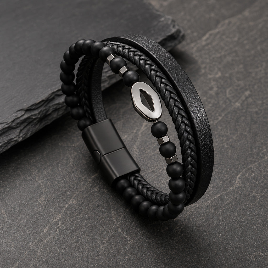 Steel Stone - Lederarmband für Herren gravierbar mit Naturstein-Perlen in 3 Perlenvarianten | Edelstahl