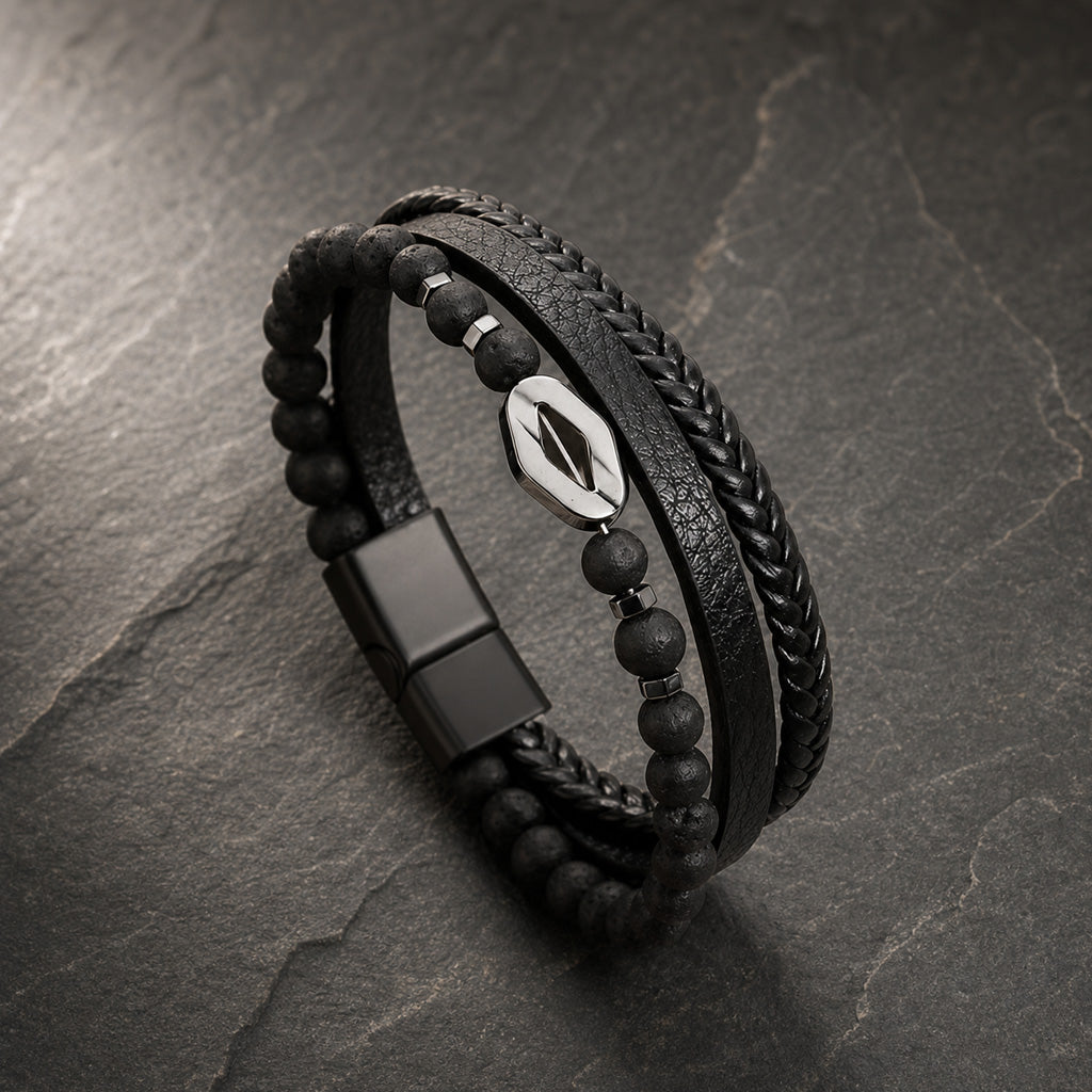 Steel Stone - Lederarmband für Herren gravierbar mit Naturstein-Perlen in 3 Perlenvarianten | Edelstahl