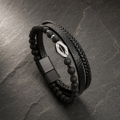 Steel Stone - Lederarmband für Herren gravierbar mit Naturstein-Perlen in 3 Perlenvarianten | Edelstahl