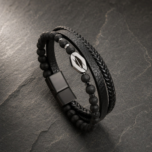 Steel Stone - Lederarmband für Herren gravierbar mit Naturstein-Perlen in 3 Perlenvarianten | Edelstahl
