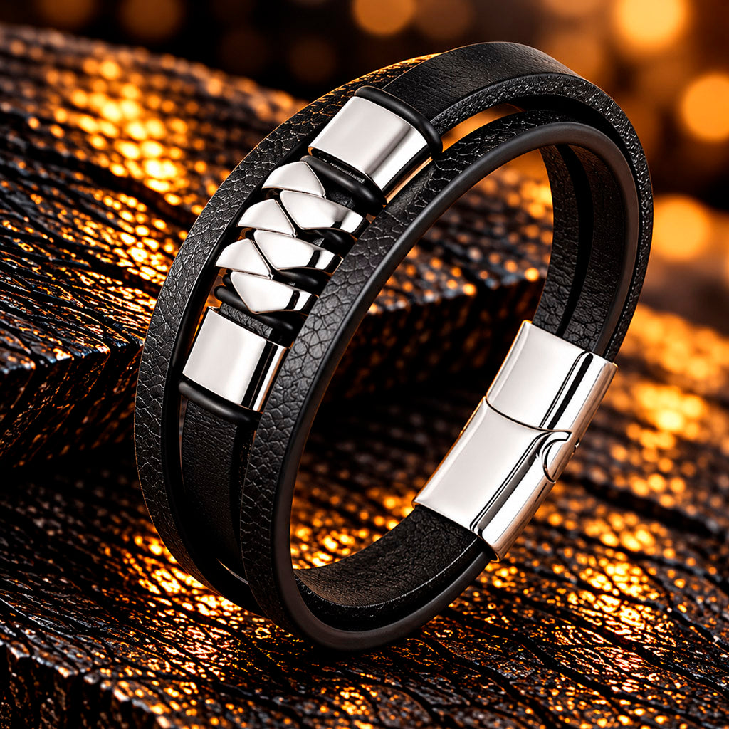 Leather Steel Line - Herren Lederarmband mit Edelstahldetails | Edelstahl Magnetverschluss