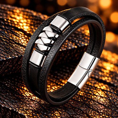 Leather Steel Line - Herren Lederarmband mit Edelstahldetails | Edelstahl Magnetverschluss