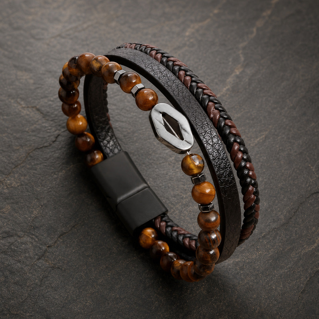 Steel Stone - Lederarmband für Herren gravierbar mit Naturstein-Perlen in 3 Perlenvarianten | Edelstahl