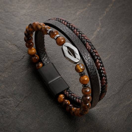 Steel Stone - Lederarmband für Herren gravierbar mit Naturstein-Perlen in 3 Perlenvarianten | Edelstahl
