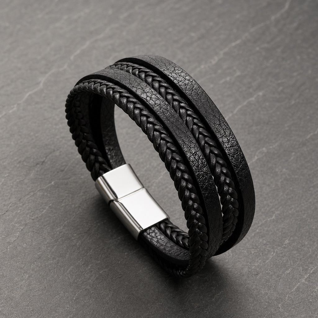 Four Strand Silver - 4-strängiges-Lederarmband für Herren gravierbar | Edelstahl Magnetverschluss
