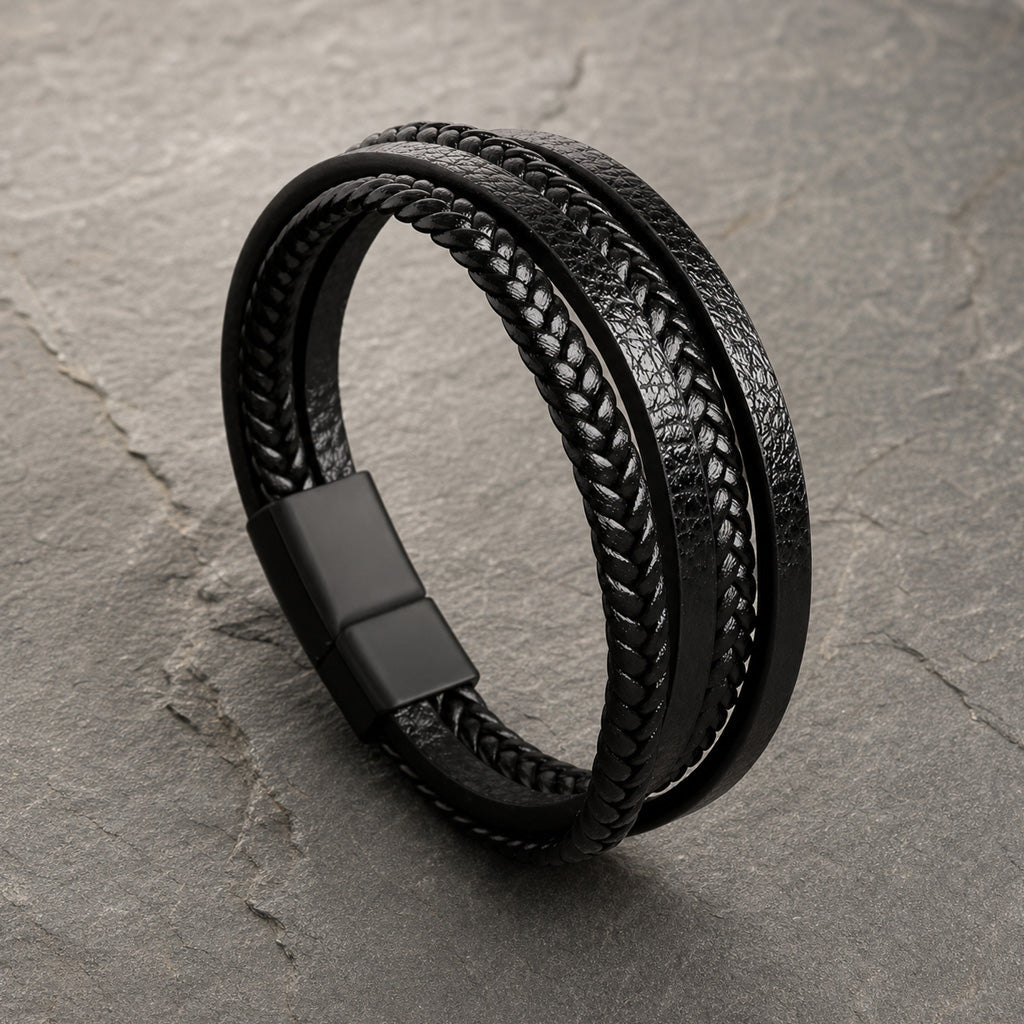 Four Strand - 4-strängiges Lederarmband für Herren gravierbar | Edelstahl Magnetverschluss