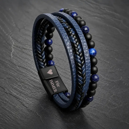 „Malek“ Lederarmband Herren Blau mit Natursteinperlen & Gravuroption - Echtes Leder - Magnetverschluss