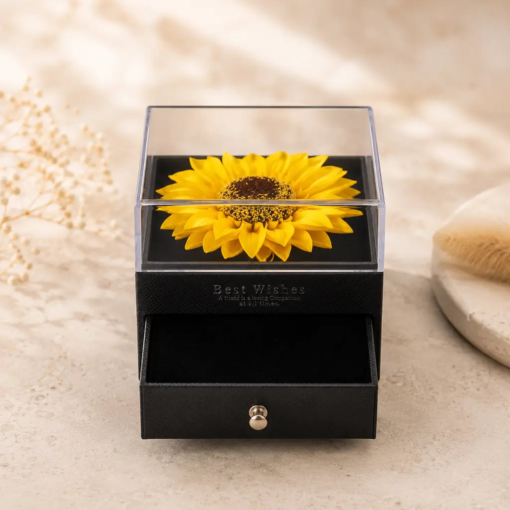 Schmuckbox mit Sonnenblume - Geschenkbox für Schmuck mit Schublade - 10,5x8,5cm