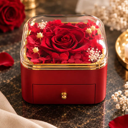 Schmuckbox mit ewiger Rose - Geschenkbox für Schmuck mit Schublade - 11x11cm