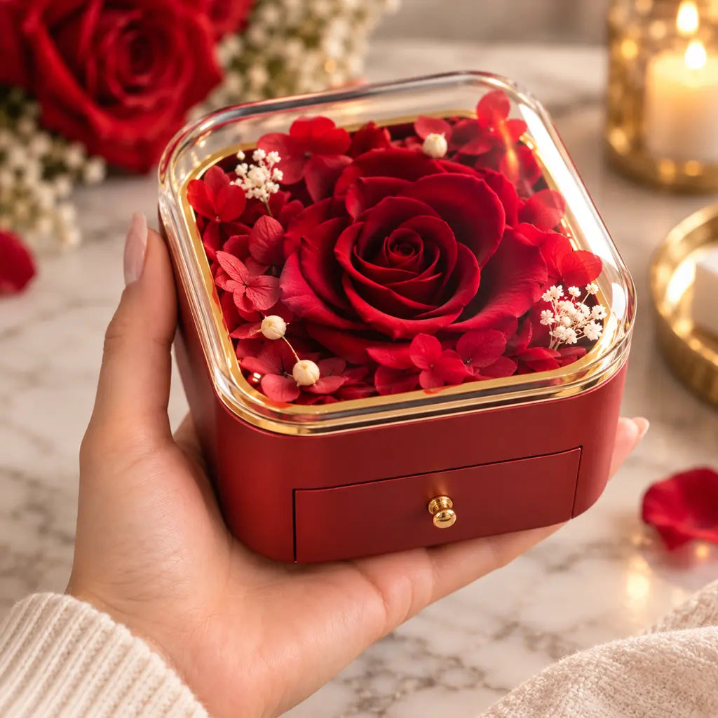 Schmuckbox mit ewiger Rose - Geschenkbox für Schmuck mit Schublade - 11x11cm
