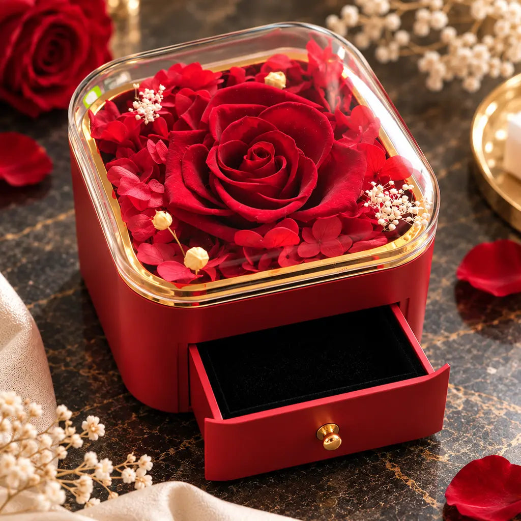 Schmuckbox mit ewiger Rose - Geschenkbox für Schmuck mit Schublade - 11x11cm