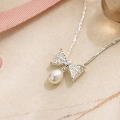 Kette mit Anhänger aus 925er Sterling-Silber, Schleife mit Perle