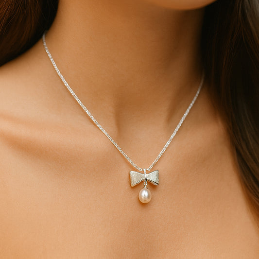 Kette mit Anhänger aus 925er Sterling-Silber, Schleife mit Perle