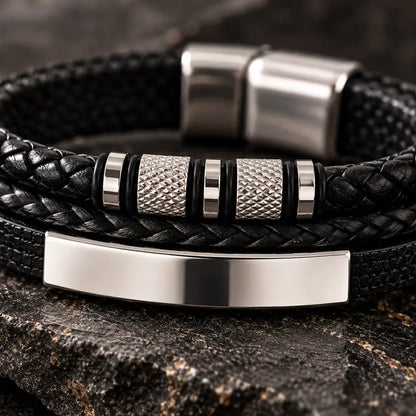Steel Spin Silver - Lederarmband für Herren in Schwarz mit Edelstahldetails & Gravurplatte | Edelstahl Magnetverschluss