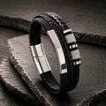 Steel Spin Silver - Lederarmband für Herren in Schwarz mit Edelstahldetails & Gravurplatte | Edelstahl Magnetverschluss