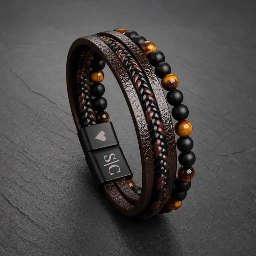 „Taron“ Lederarmband Herren mit Tigerauge & Gravuroption - Echtes Leder - Magnetverschluss