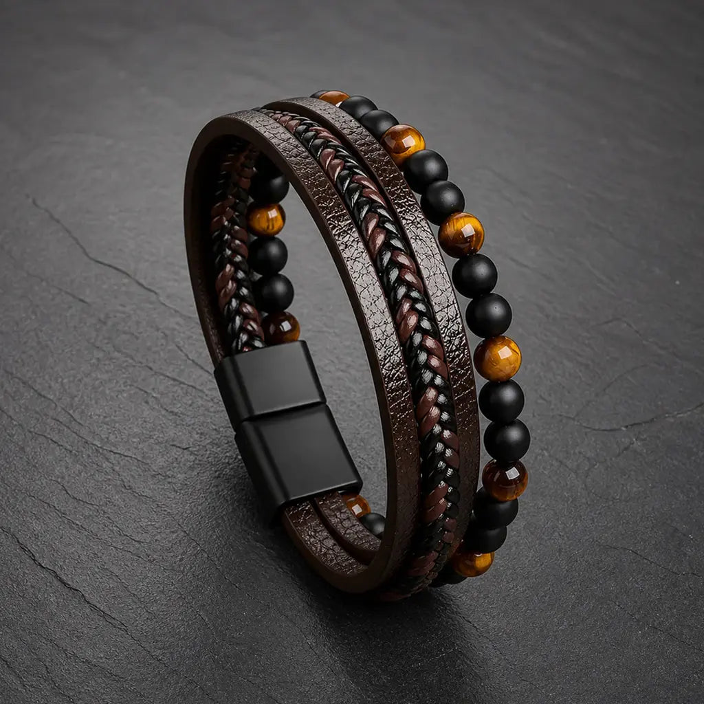 „Taron“ Lederarmband Herren mit Tigerauge & Gravuroption - Echtes Leder - Magnetverschluss