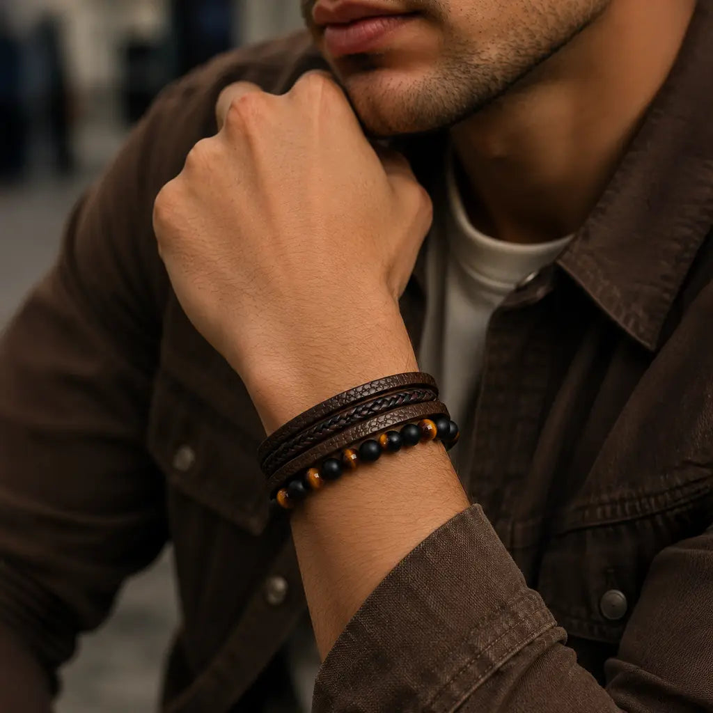 „Taron“ Lederarmband Herren mit Tigerauge & Gravuroption - Echtes Leder - Magnetverschluss